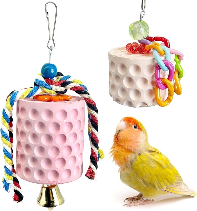 PINVNBY 2 Pack Bird Chew Toys Bird Beak Grinding Stone Lava Calcium Block with Bell Hanging Parrot Chewing Toy Cage Accessories for Parakeets Conures Cockatiels Budgies Lovebirds