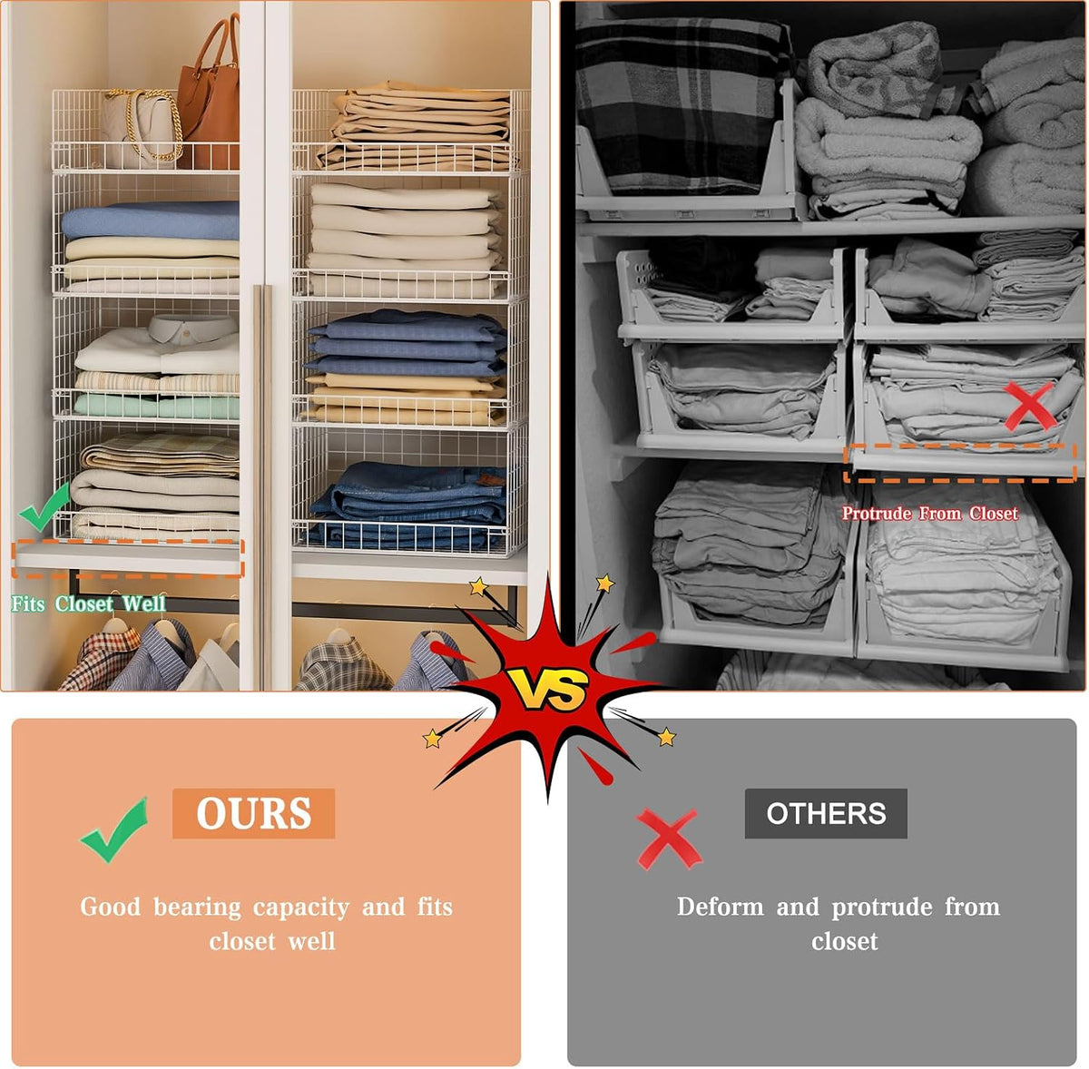 Yociyoga 4 Tier Stackable Closet Organizers and Storage Shelves, Foldable Closet Shelf Organizer System, Stackable Storage Bins Drawers for Clothes Organizer System, White（Patent No. 30022416）