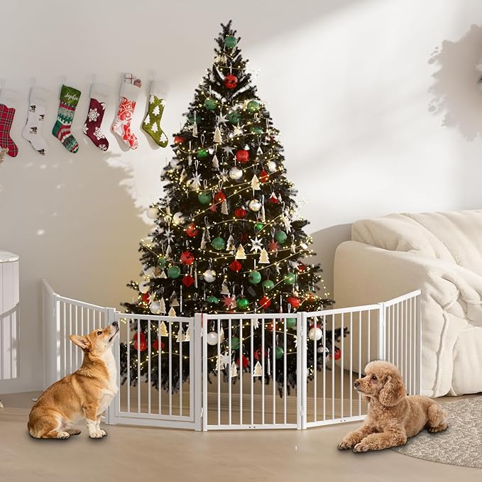 Full Metal Freestanding Dog Gate with Door, 24'' Height Foldable Pet Dog Fence for Indoor & Outdoor, 6 Panels Extra Wide Free Standing SmallDog Gates for Doorways,House,Stairs,Porch,Deck,Yard