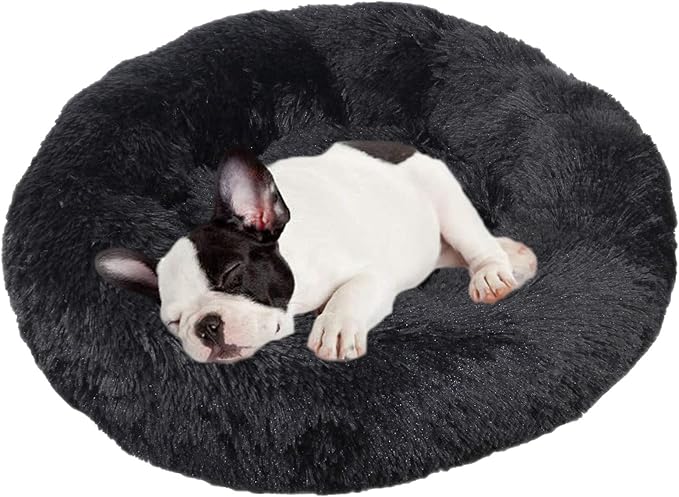 huraty Plush Dog Bed for Small Medium Dogs, Fluffy Donut Round Pet Cat Beds, Anti-Slip & Anti-Anxiety, 24 Inch for Puppy and Kitties, Black, M