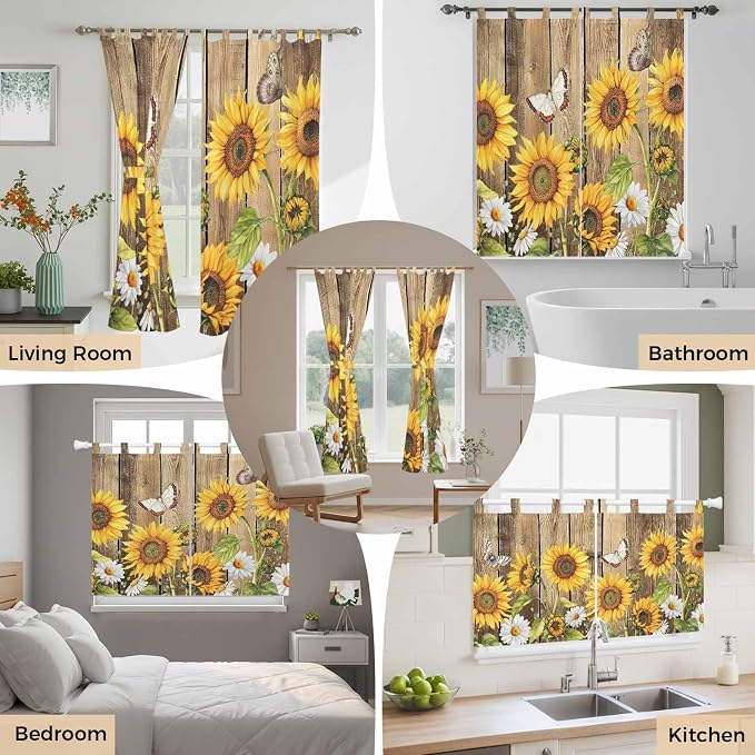 Farmhouse Sunflowers Bedroom Curtains 72 Inch Length, Window Curtains Tab Top