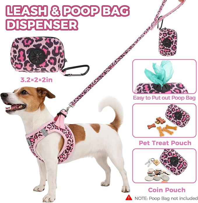 PAWCHIE Dog Harness and Leash Set,Step in No Pull Soft Pet Harness, Reflective Adjustable Puppy Vest for Small Medium Dogs Cats,No Choke Harness Vest with Poop Bag Holder for Walking,Running,Leopard S