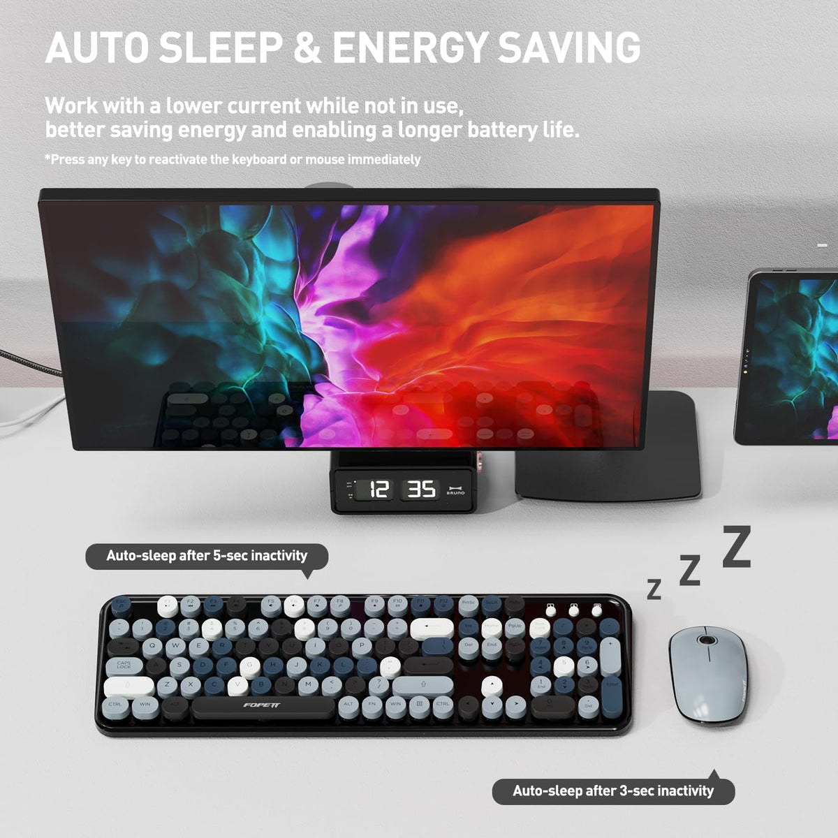 FOPETT 2.4GHz Wireless Keyboard and Mouse Set with Switch Button - Full-Size Keyboard - Compatible for Windows/Laptop/PC/Notebook/Smart TV and More - Grey Colorful
