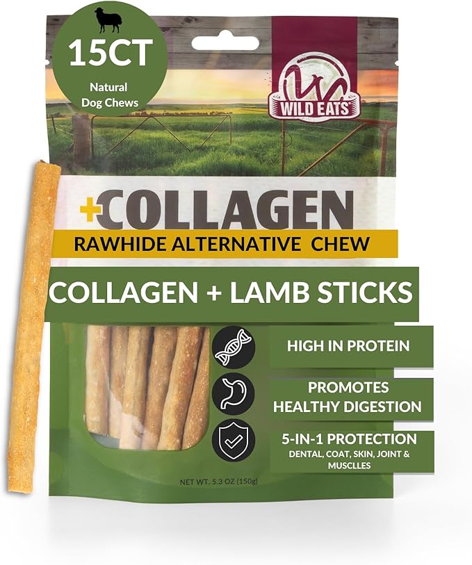Wild Eats Lamb Collagen Sticks for Dogs (15 Pack, 1 cm Wide) Long Lasting Dog Chews No Hide Dog Treat Bully Stick Alternative, Rawhide Free, Grain Free, High Protein
