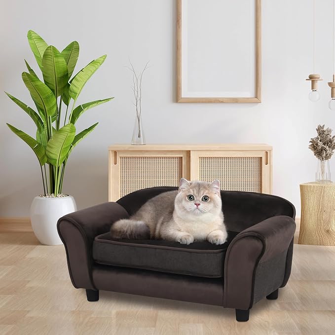 Getifun Small Dog Sofa Bed, Velvet Cat Couch with Washable Cushion & Plastic Legs (29 x 16 x 12.7 inches (Brown)