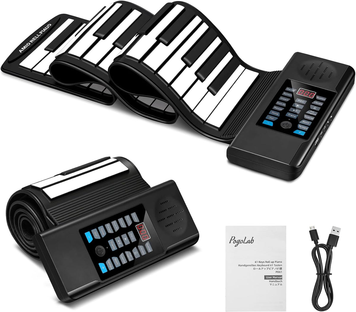 POGOLAB 61 Keys Roll Up Keyboard Piano, Portable Electric Foldable Piano with LED Display, Rechargeable & USB-MIDI Output, Built-in 15 Demos, 128 Tones, 128 Rhythms, Music Gift for Beginners
