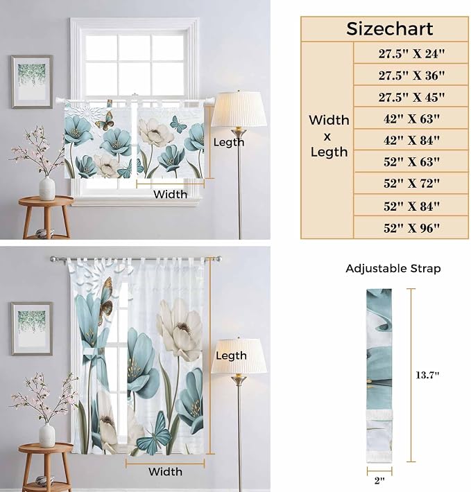 Blue Tulips Living Room Curtains 84 Inch Length, Window Curtains Tab Top