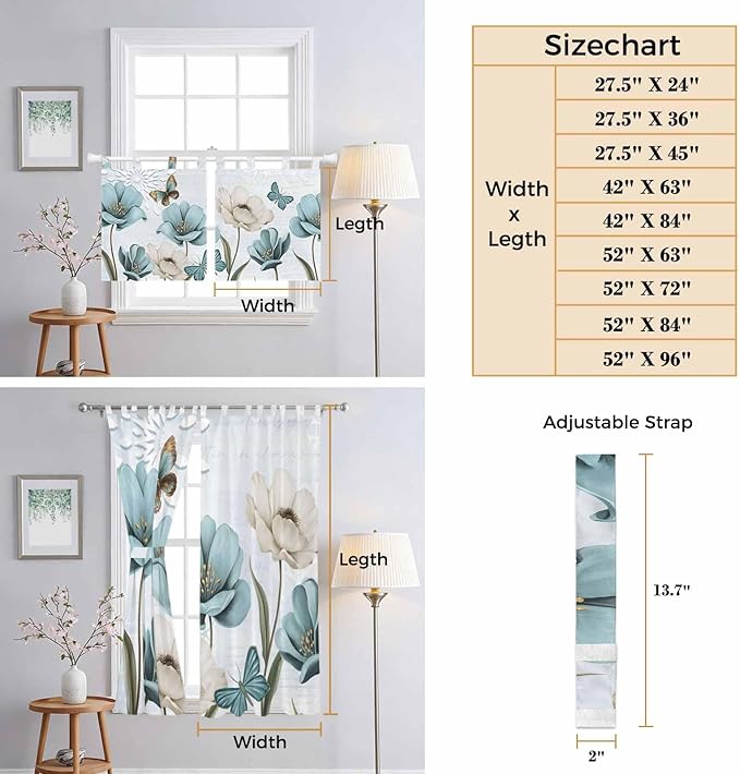 Blue Tulips Living Room Curtains 96 Inch Length, Window Curtains Tab Top