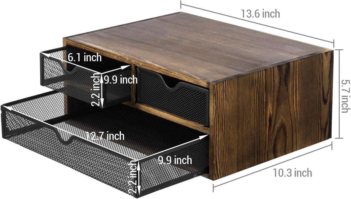 MyGift Rustic Burnt Brown Solid Wood Desktop Organizer Box with 3 Removable Black Metal Mesh Trays, Office Desk Supplies Storage Drawers for Accessories