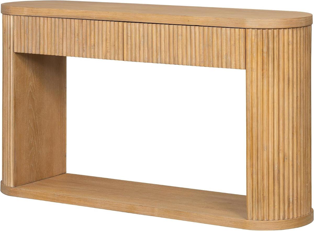 Elegant Oval Fluted Entryway Table with 2 Storage Compartments & Open Shelf,Solid Wood Veneer Console Table for Living Room Hallway (Natural1)