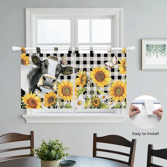 Retro Sunflowers Kitchen Curtains 24 Inch Length, Small Window Curtains Tab Top