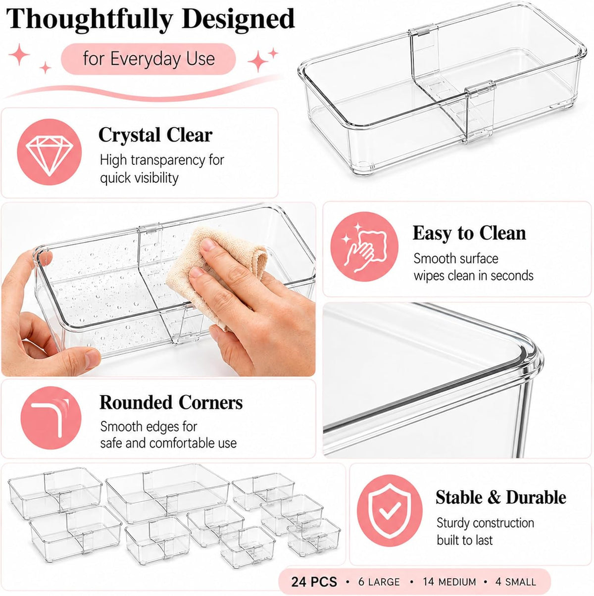 24 Pcs Clear Adjustable Drawer Organizer, 3-Size Expandable Desk Drawer Organizer Box, Acrylic Storage Bins for Makeup, Cosmetic, Kitchen Utensils, Bedroom Dressers Tool Organizer for Gadgets (24)