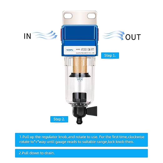 NANPU 1/4" NPT Compressed Air Line Filter, 5 Micron Brass Element, Manual Drain