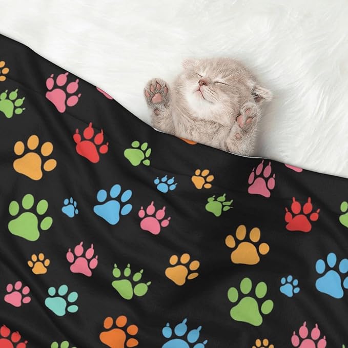 Reversible Plush Throw for Dogs and Cats, Pink Red Blue Green Dog Pug Paws, Double Sided Blanket with Nubby Dot Side and Sleek Side Ideal for Cuddling Nesting Security