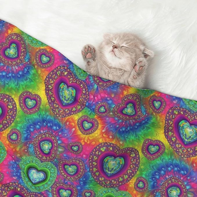Double Sided Plush Pet Blanket with Cozy Dot Texture and Smooth Reverse, Tie Dye Psychedelic Purple Love Heart, Reversible Throw for Dogs Cats on Couches Beds Crates
