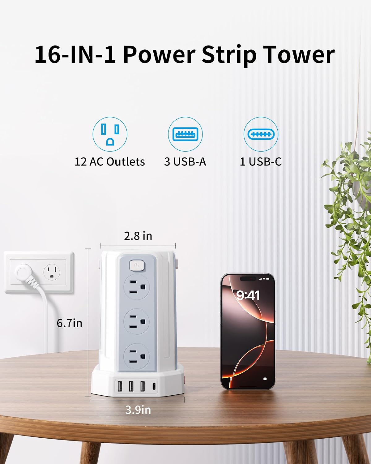 Power Strip 10 Ft Extension Cord with 12 AC Multiple Outlets 4 USB (1 USB C), SMALLRT Power Strip Tower Desktop Charging Station for Home Office College Dorm Essentials