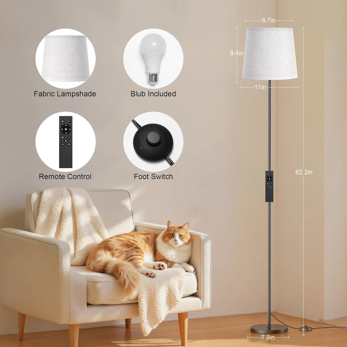 SIBRILLE Dimmable Floor Lamp with Linen Shade for Living Room