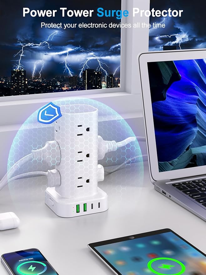 Power Strip with Wireless Charger, Flat Plug Surge Protector with 10FT Extension Cord, 12 AC Multiple Outlets, 4 USB (2 USB C), 15W Wireless Charging Power Tower for Home Office Dorm, White
