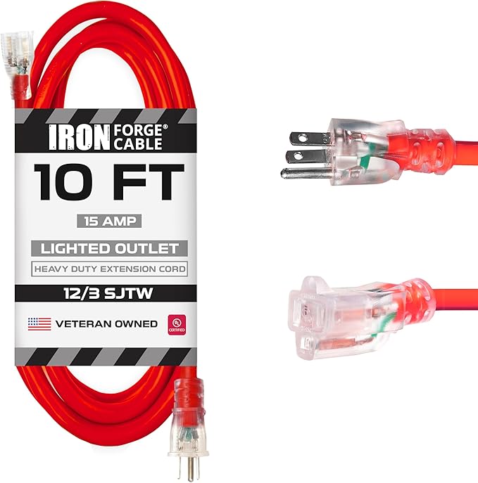 Iron Forge Cable 10 ft Lighted Outdoor Extension Cord - 12/3 SJTW Red 10 ft Extension Cord Heavy Duty with 3 Prong 15 AMP Grounded Plug for Safety