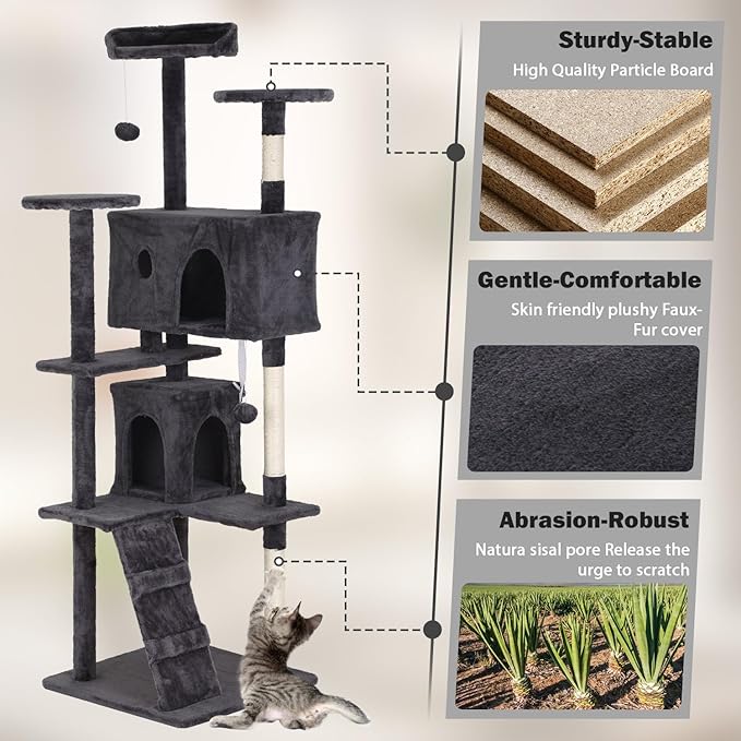 Heavy Duty Cat Tree Tower, 70" Tall Cat Tower for Indoor Cats with Cat Scratching Post with Bed, Cat Condo, Hanging Ball, Multi-Level Cat Climbing Tower Cat Trees Furniture Activity Center, Light Grey