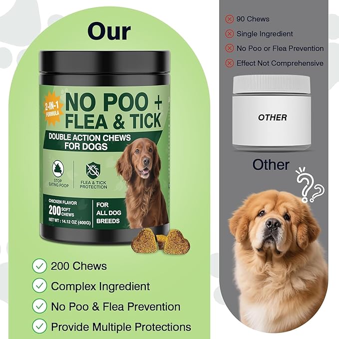 200 Chews No Poo Chew for Dogs-Flea and Tick Prevention Chews-2 in 1 Control Coprophagia & Flea Tick Supplement-Natural Soft Treats Deterrent Eat Poop with Digestive Enzymes Probiotics-Chicken