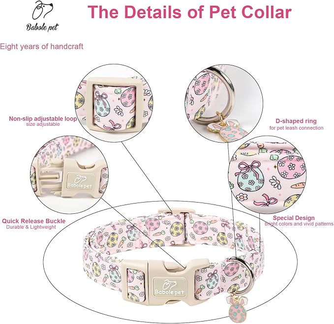 Easter Dog Collar for Medium Dogs - Easter Egg Pastel Dog Collars, Cute Girl Dogs Collar, Lightweight Adjustable Pink Spring Holiaday Dog Collars with Quick Release Buckle M