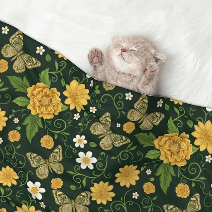 Double Sided Plush Pet Blanket for Small Large Animals, Gold Flowers with Butterfly, Reversible Throw with Dimpled Dot Side and Flat Side for Kennels Living Rooms
