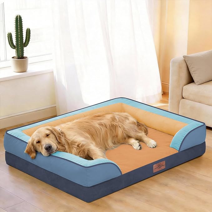 Comfort Expression Orthopedic Dog Bed for Extra Large Dogs 42x30 Inch, Waterproof Egg Crate Foam XL Pet Bed with Removable Bolsters, Dog Couch with Washable Cover & Non-Slip Bottom, Golden Harbor