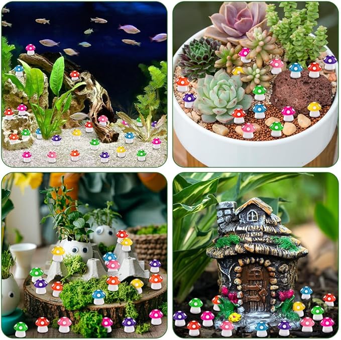 DIYDEC 100pcs Mini Resin Mushroom 8 Colors Small Mushrooms Figures Tiny Resin Mushrooms Plastic Little Miniature Mushrooms Bulk for Dollhouse Decor Micro Fairy Garden Landscape Aquarium Tiny Toys