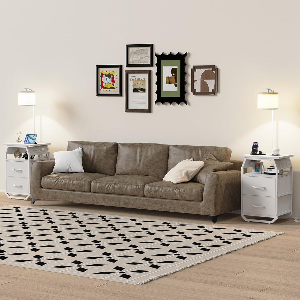 runjuly Floor Lamp with Table, End Table with Light and Charging, White