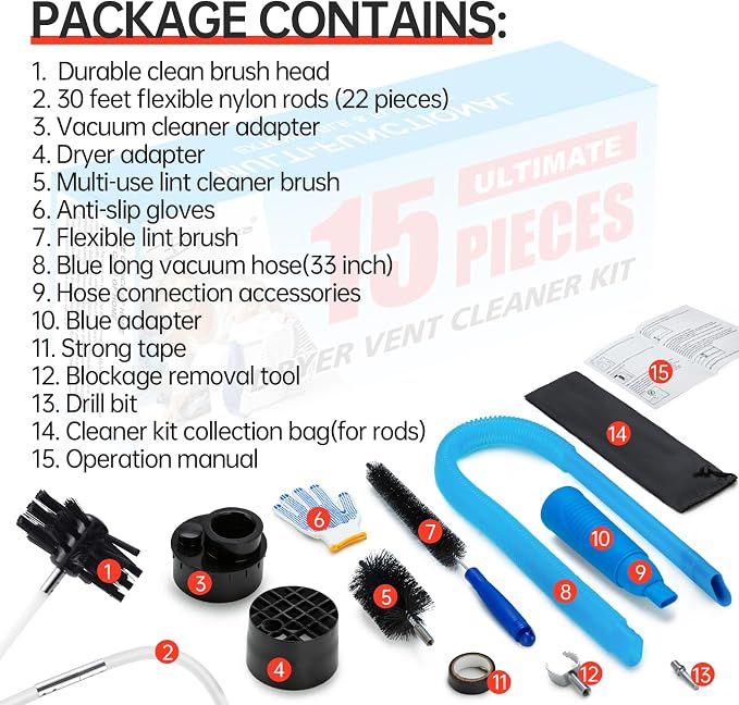 BLuesea Dryer Vent Cleaner Kit, 15-Piece Ultimate Dryer Cleaning Kit Include 30