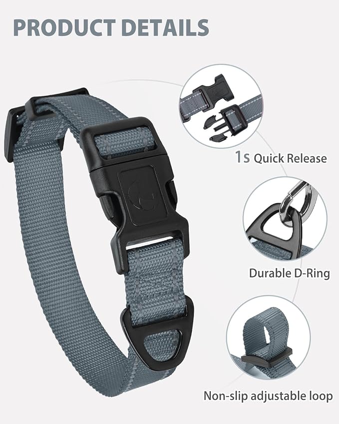 Joytale Reflective Dog Collar, Adjustable Nylon Pet Collar with Quick-Release Buckle for Medium Dogs, Gray, M