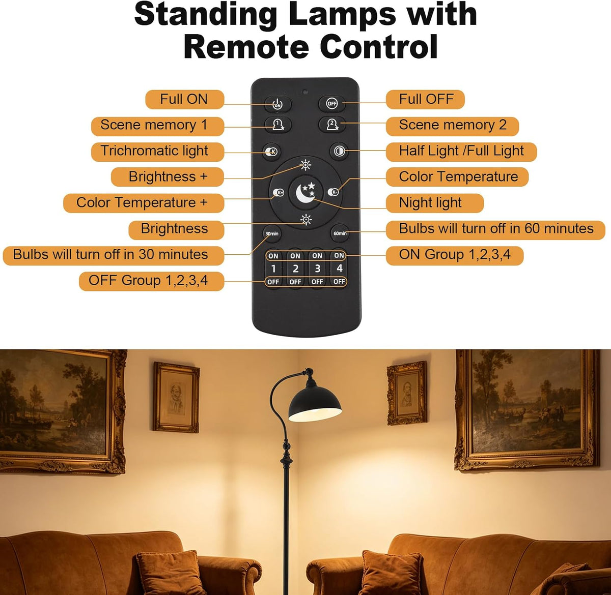 Reading Floor Lamps for Living Room with Remote and Dimmable Bulb