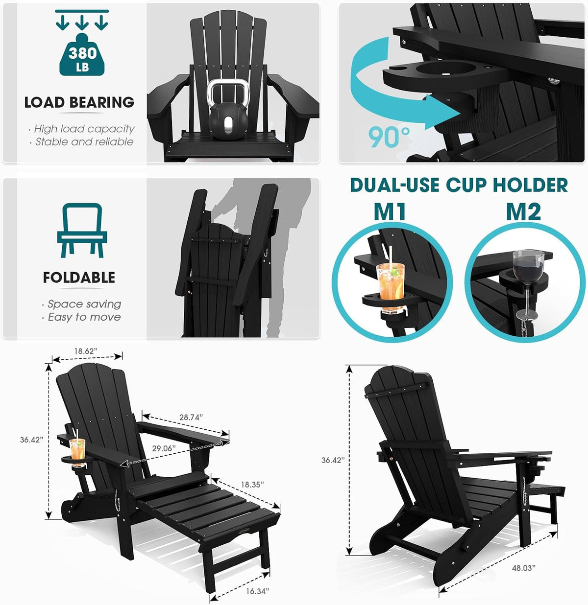THOEOE Adirondack Chairs with Footrest, Folding HDPE Chairs Set of 4