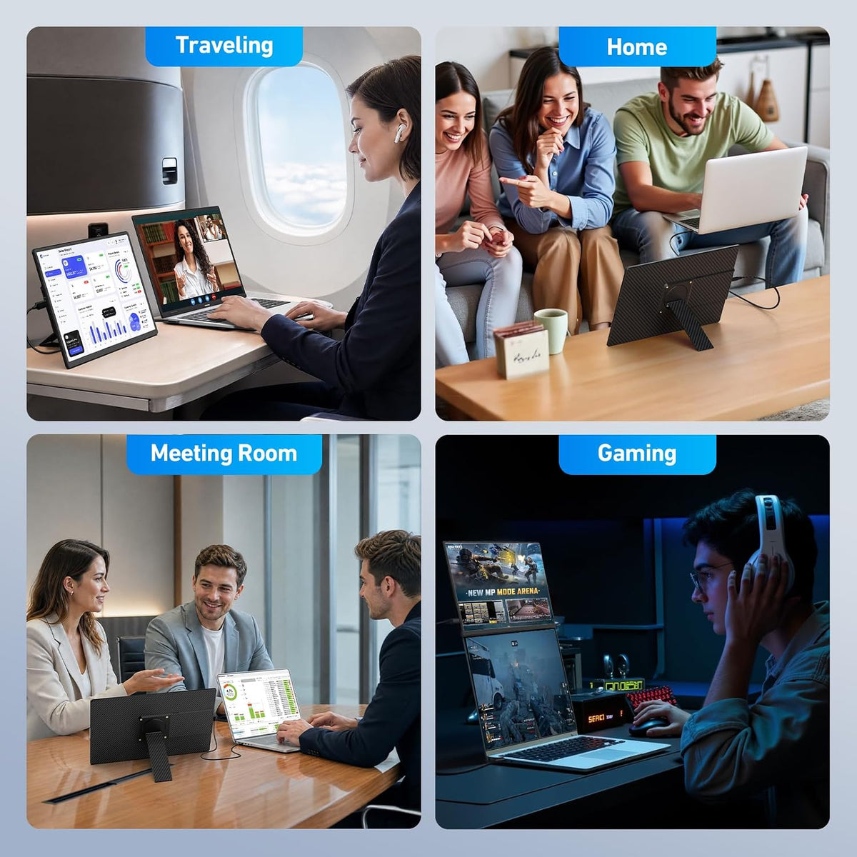 16'' Laptop Screen Extender, 360° Rotating Detachable Stand/VESA Support, FHD 1200P IPS Portable Monitor, Plug & Play with HDMI/USB-A/Type-C, Compatible Win/Mac/Android