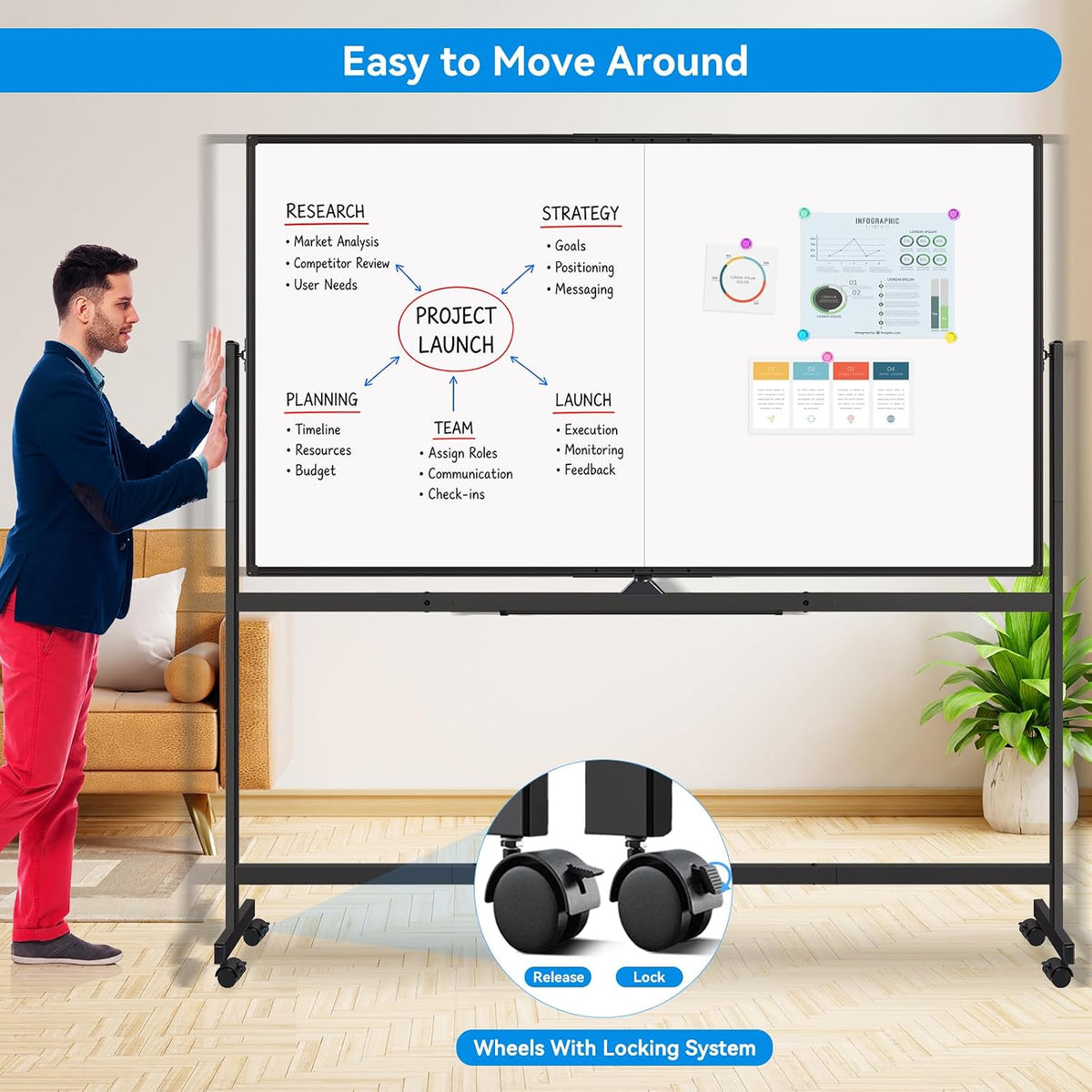 Maxtek Rolling Whiteboard 72x48 Large Double-Sided Magnetic Board(Black)