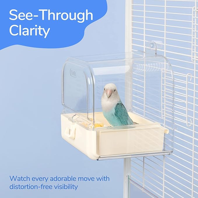 Hanging Bird Bath for Cage with Bowls & Mesh Bottom - 3-in-1 Multifunction Bird Bath/Bowl/House, Bird Shower for Lovebirds, Finches, Parakeets, Budgies, and Other Small to Medium Birds - White