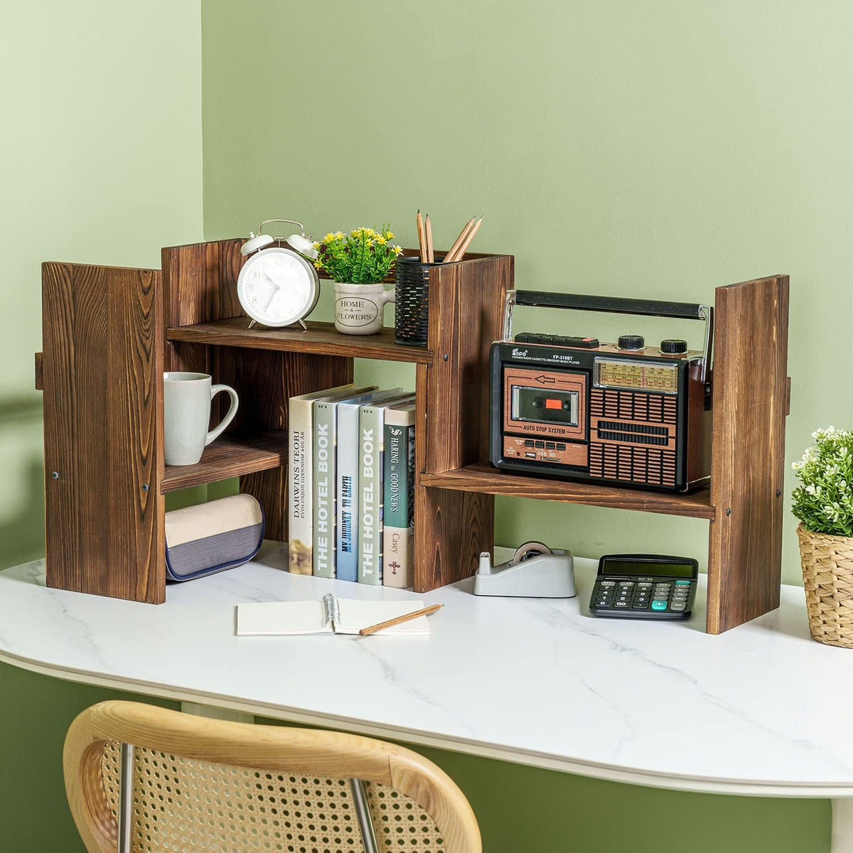 MyGift Adjustable Rustic Burnt Wood Desktop Shelf, Stackable Organizer