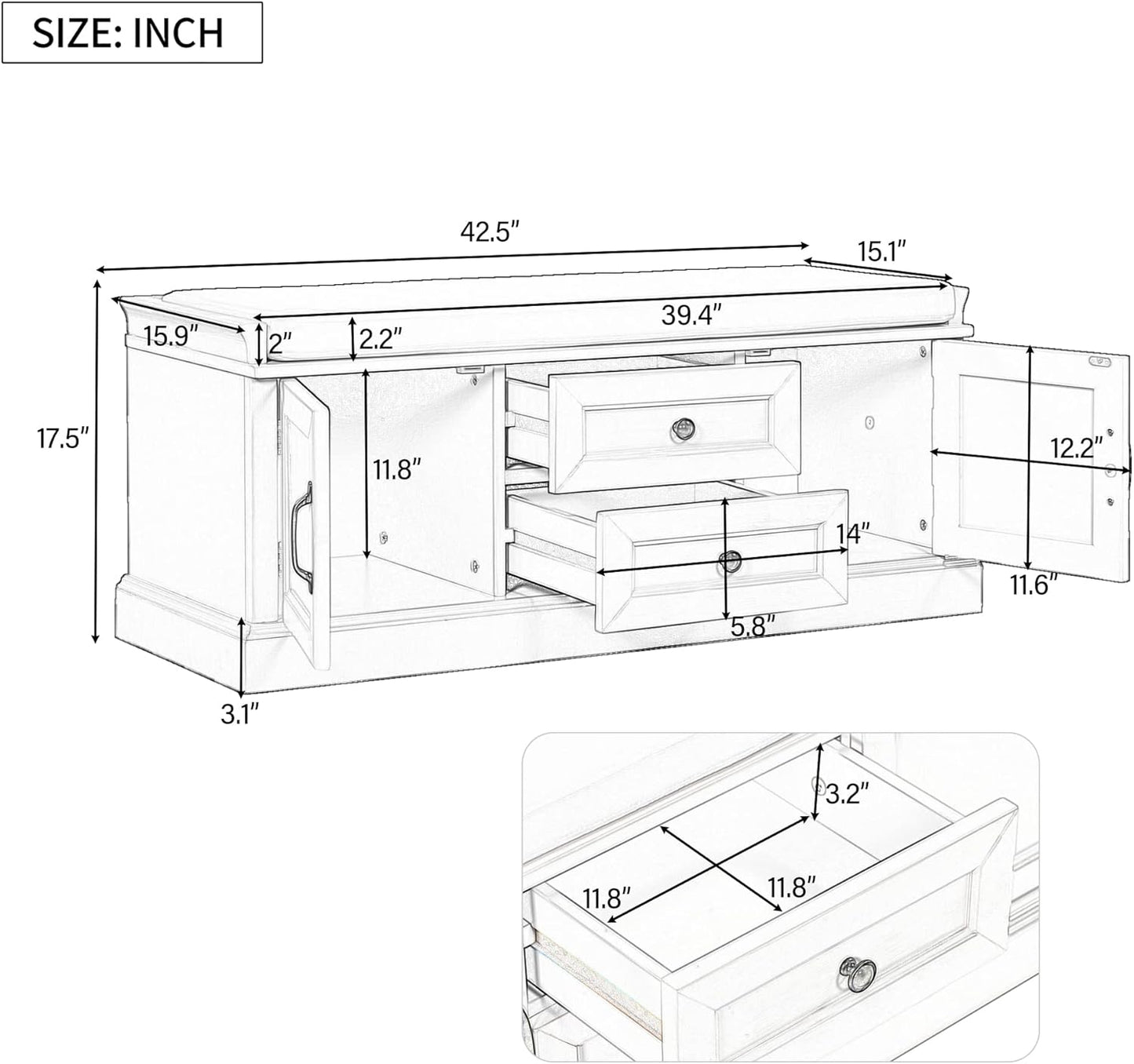 Storage Bench with 2 Drawers and 2 Cabinets, Pine Wood Shoe Bench with Removable Cushion for Living Room, Entryway 42.5" L x 15.9" W x 17.5" H (Antique Navy)