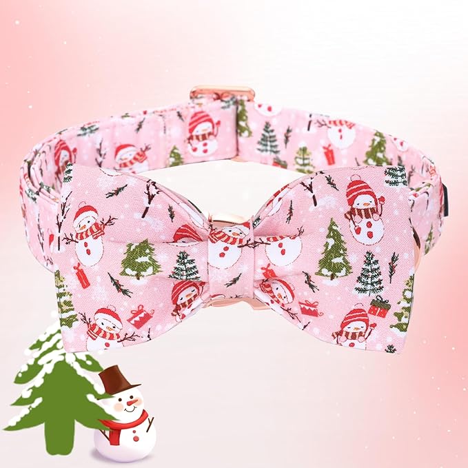 Christmas Dog Collar, Christmas Tree and Snowman Print Cute Winter Holiday Collars Cotton Adjustable Comfortable Pink Dog Collar with Bow,Stylish Collars for Small Girl Dogs