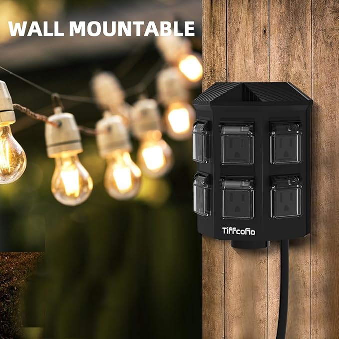 TiFFCOFiO Outdoor Power Strip with Stake Waterproof, 10 FT Extension Cord, 6 Grounded Outlets for Outdoor Lights, 14 AWG, 15A/1875W, ETL Listed (30 FT)