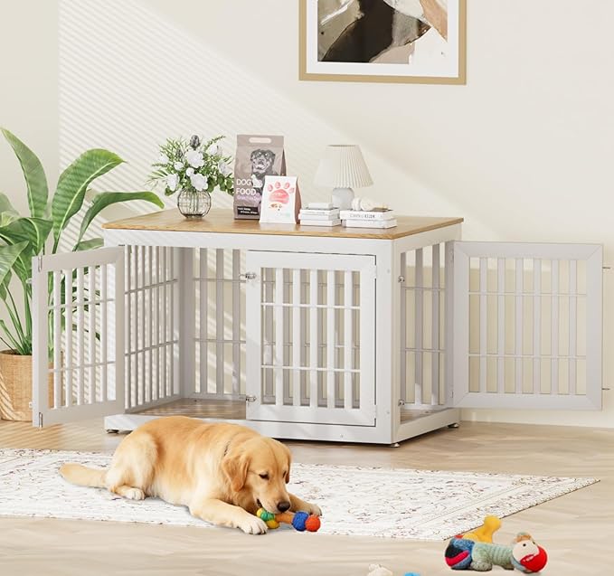 48" Heavy Duty Dog Crate Furniture for Small,Medium and Large Dogs,Rustic Wooden Dog Cage Kennel Indoor Furniture with Waterproof Top,Decorative Pet House Side End Table (White & Wood)