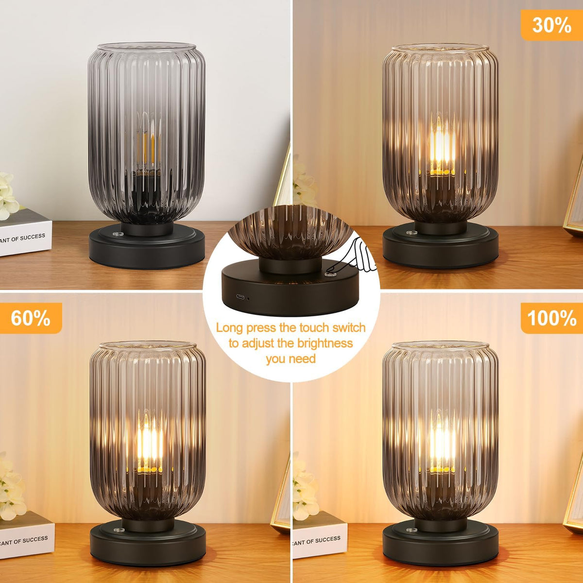 LightRound Cordless Table Lamp for Bedroom, Touch Control Stepless Dimmable