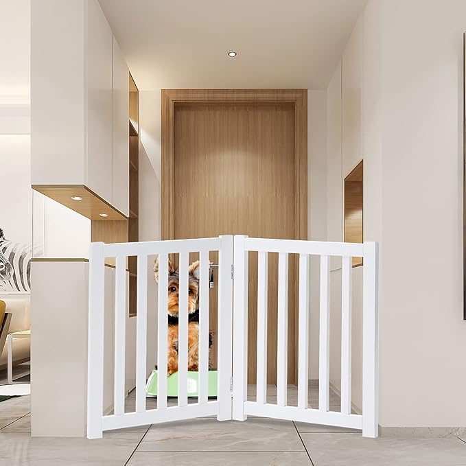 LZRS 2-Panel Wooden Free Standing Foldable Dog Gate Indoor – Solid Hardwood 24" High, Step-Over Safety Pet Gate for Doorways, Stairs & Small Spaces - Indoor Use, White