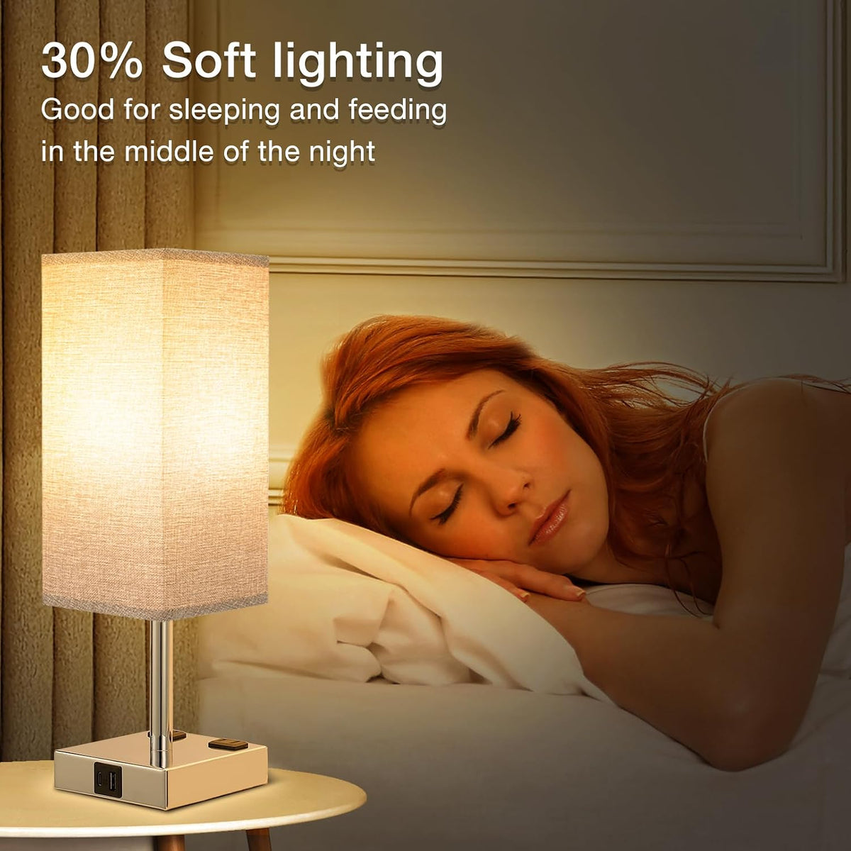 Light Grey Touch Lamps Set for Bedroom - Dimmable, USB C+A, 2 AC Outlets