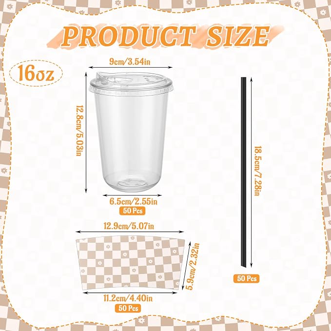 50 Sets 16 Oz Clear Plastic Coffee Cups