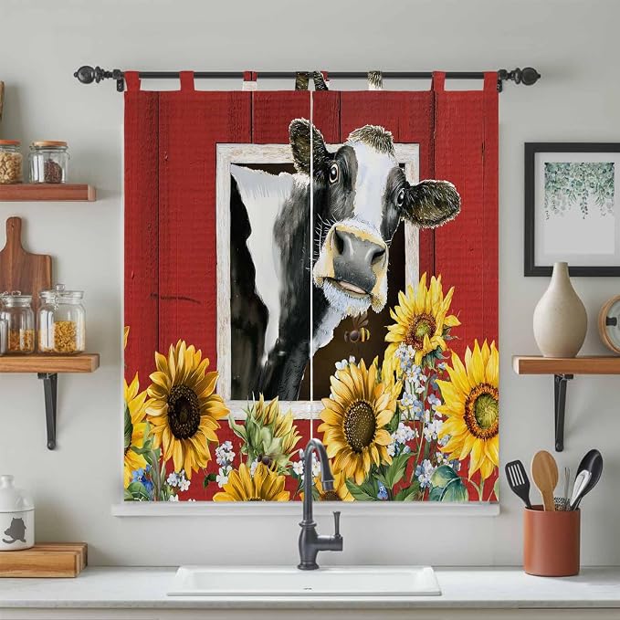 Cows Sunflowers Bedroom Curtains 72 Inch Length, Window Curtains Tab Top