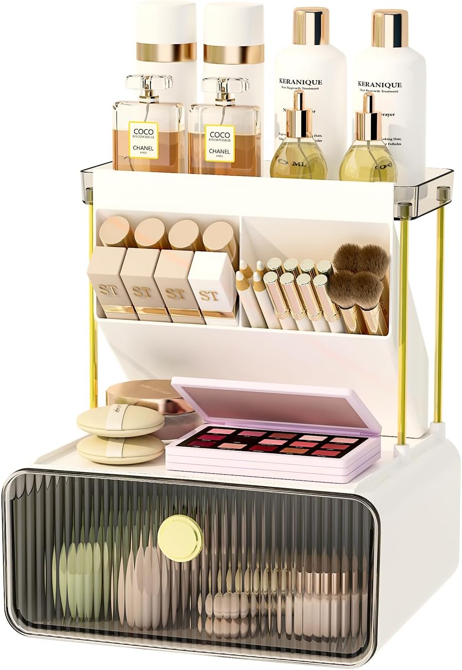 FOLLOWIN 3 Tier Makeup Organizer, Vanity Desk Cosmetic Display with Drawer