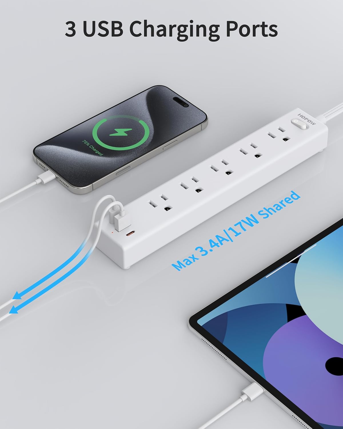 2 Pack Surge Protector Power Strip, 5AC&1A2C, 10FT Flat Plug Extension Cord