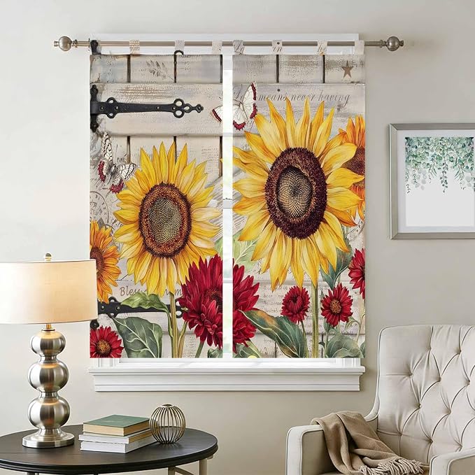 Red Yellow Sunflowers Living Room Curtains 84 Inch Length, Window Curtains Tab